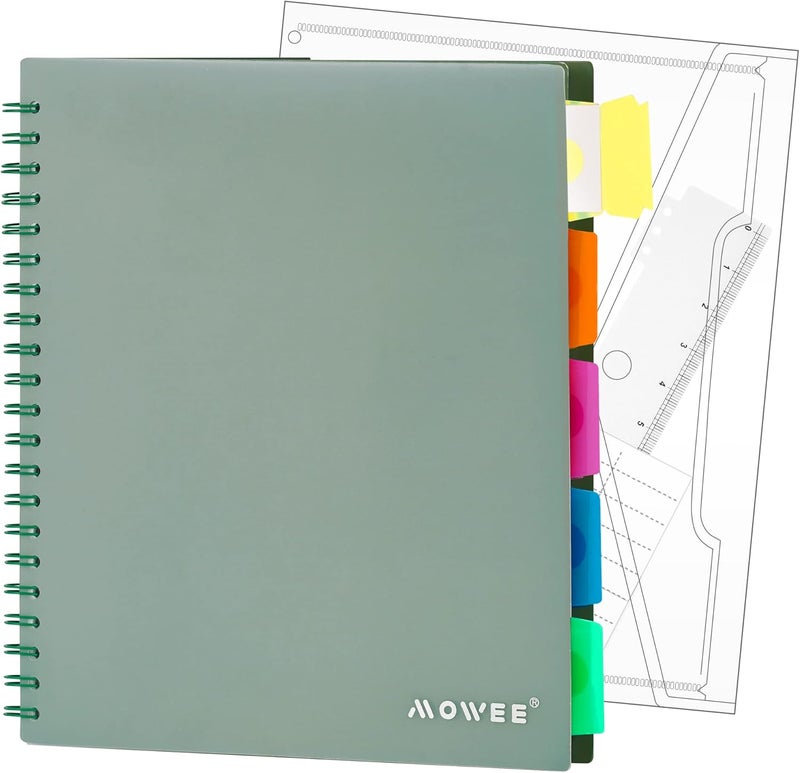 MOWEE 5 Subject Notebook - Spiral Notebook, College Ruled Notebook With Dividers Pocket, Tabs, 11" Ruler, 200 Pages, for Writing Journal, Home & Office, School Supplies, 8.5''x11'' Forest Green - Image 1